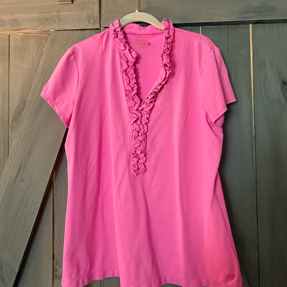 Lilly Pulitzer Women’s Luxletic Pink Ruffle V-Neck Top